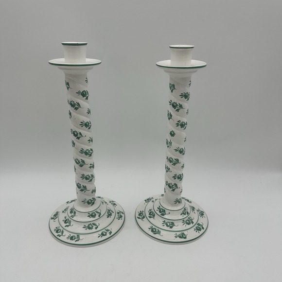 White Fawn Other - Italy White And Green Flower Tall Candle Stick Holder 13x6" Traditional Home Dec